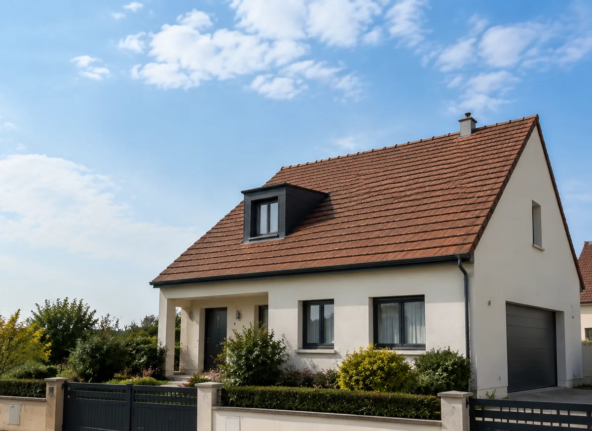 Maison individuelle en Essonne avec toiture en tuiles terre cuite refaite, lucarne et gouttières